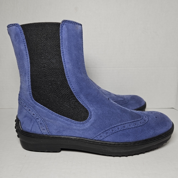 Tod's Chelsea Wingtip Women's Blue Suede Boots Ankle Driving Pull On - Picture 5 of 11